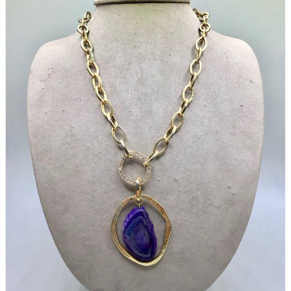 Tori Spelling 80s Necklace Gold Tone Chain Purple Stone Slab Removable Pendant - Picture 8 of 16